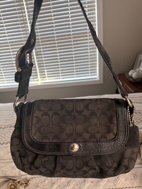 Coach Black Signature Canvas Shoulder Bag with Leather Trim
